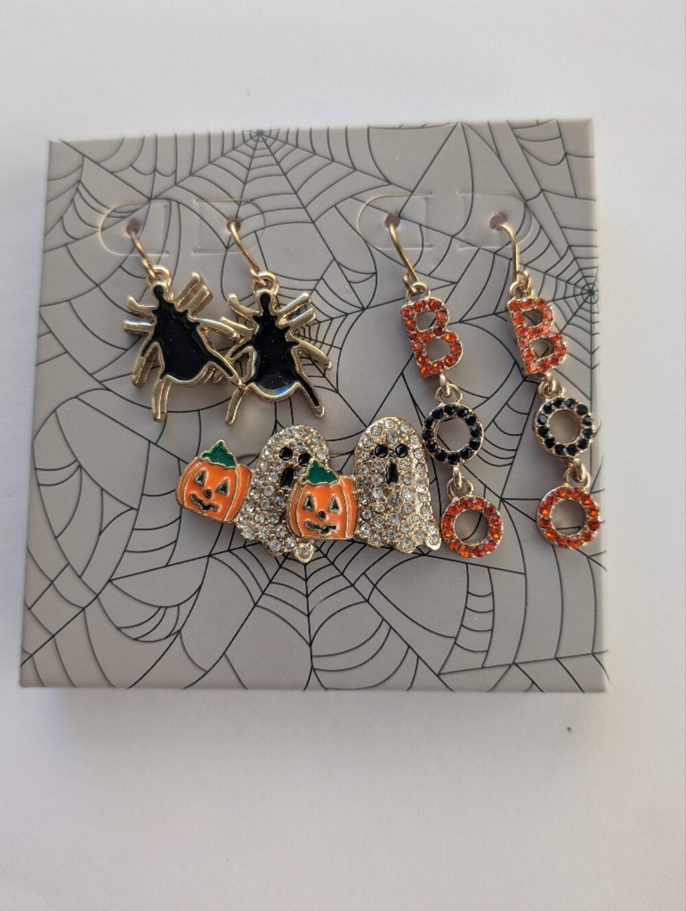Halloween Pumpkin & Spider Dangle Earrings - Orange, Black, Gold